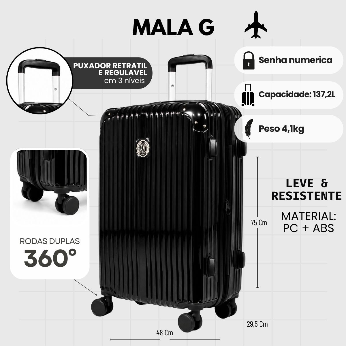 Mala De Viagem Grande 32 Kg Policarbonato +Abs Com Expansor Unika Preta