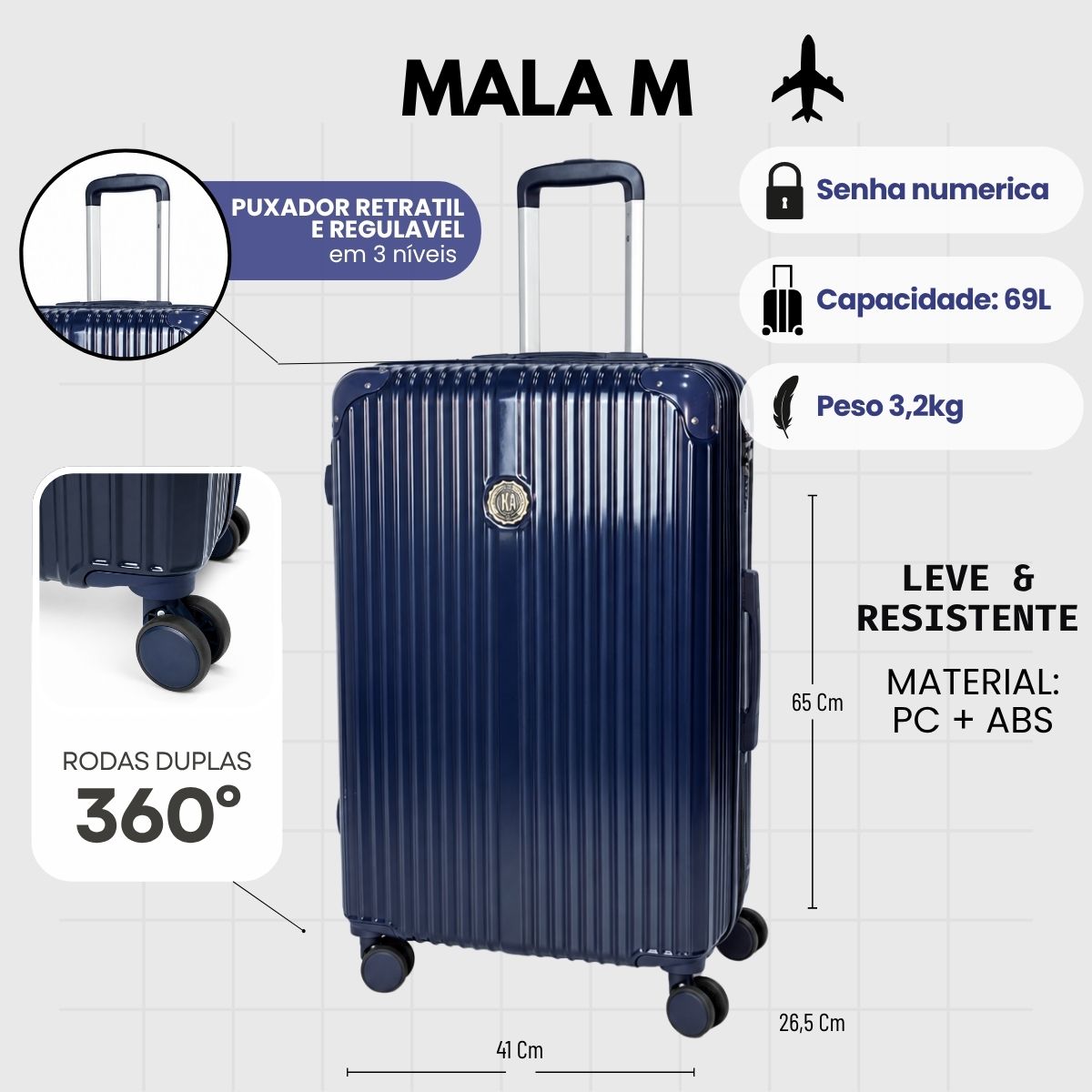 Mala De Viagem Grande 32 Kg Policarbonato +Abs Com Expansor Unika Azul