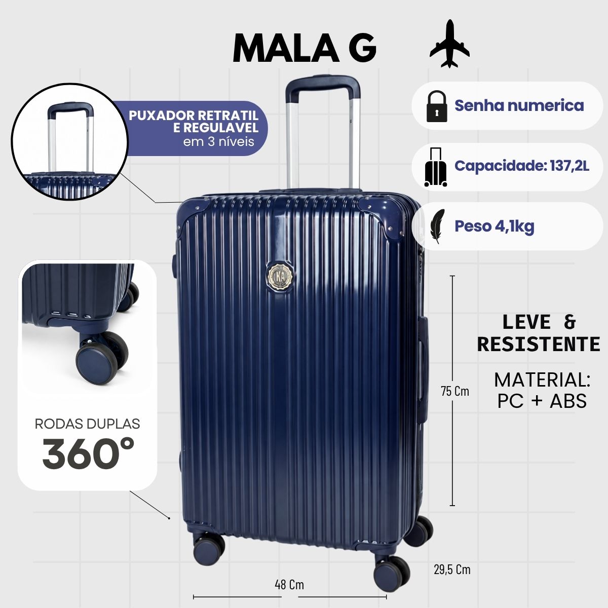 Mala De Viagem Média 23 Kg Policarbonato + Abs Com Expansor Unika Azul