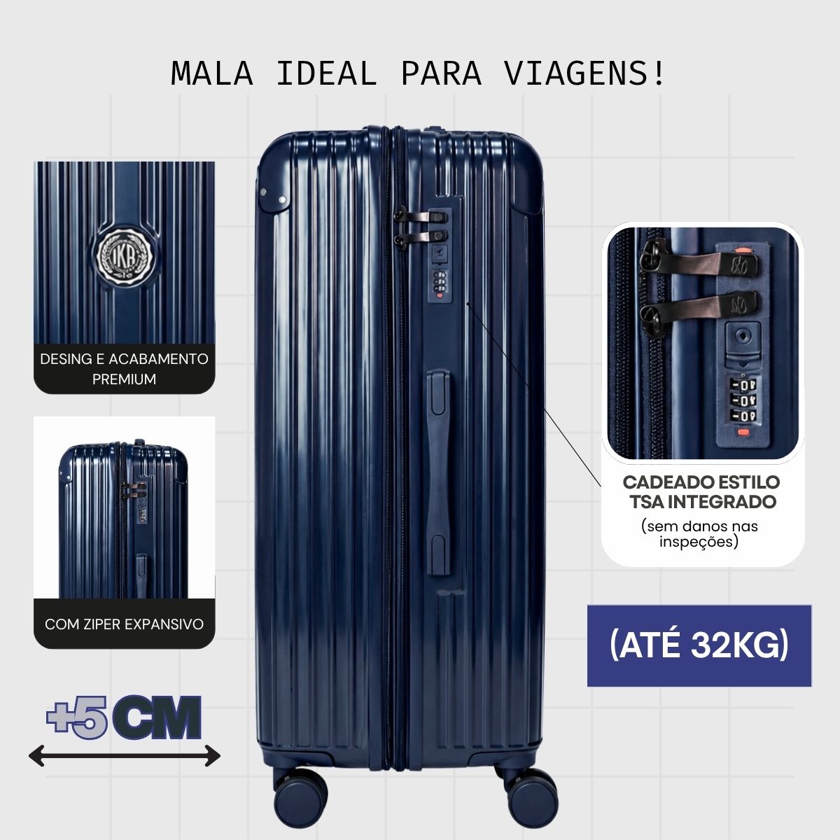 Mala De Viagem Média 23 Kg Policarbonato + Abs Com Expansor Unika Azul