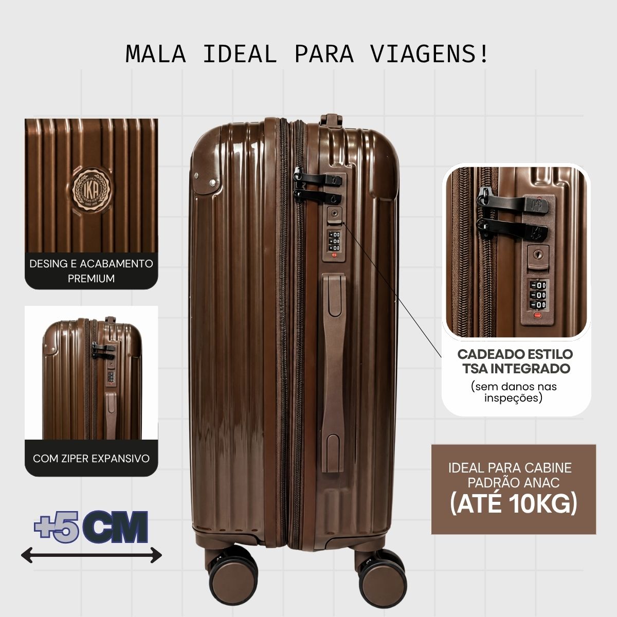 Mala De viagem Pequena De Bordo 10 kg Policarbonato + Abs Unika Coffee