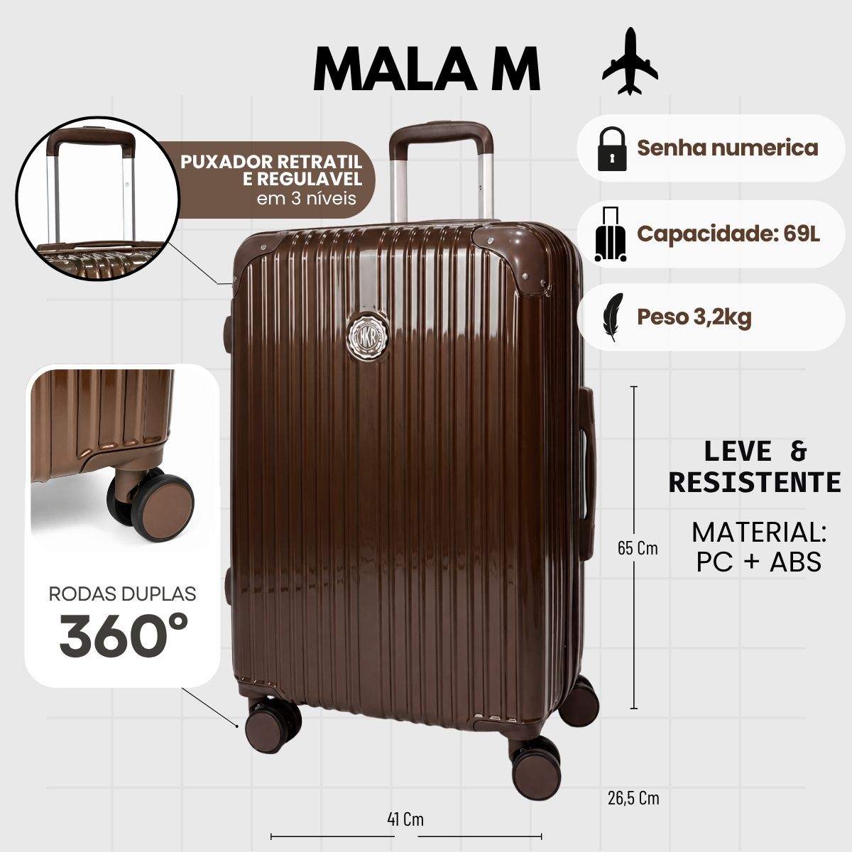 Mala De Viagem Média 23 Kg Policarbonato + Abs Com Expansor Unika Coffee