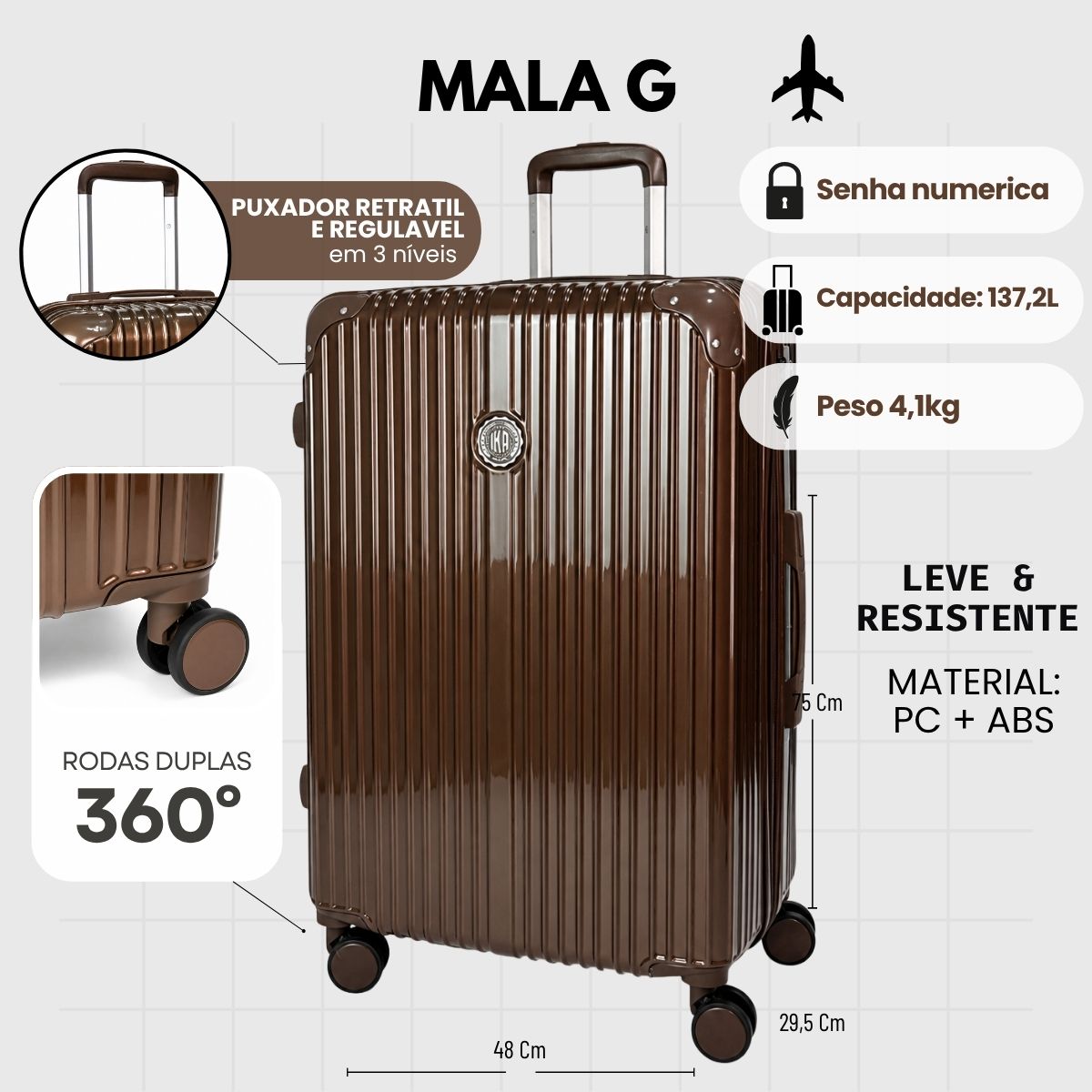 Mala De Viagem Grande 32 Kg Policarbonato +Abs Com Expansor Unika Coffee