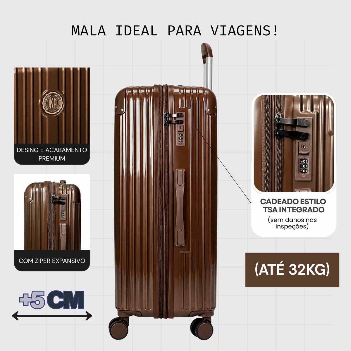 Mala De Viagem Grande 32 Kg Policarbonato +Abs Com Expansor Unika Coffee