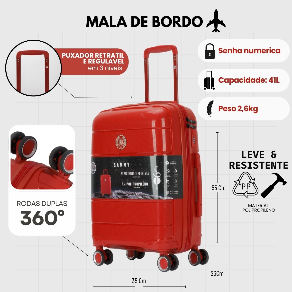 Mala de Viagem Pequena De Bordo 10 kg Polipropileno Sammy Vermelha