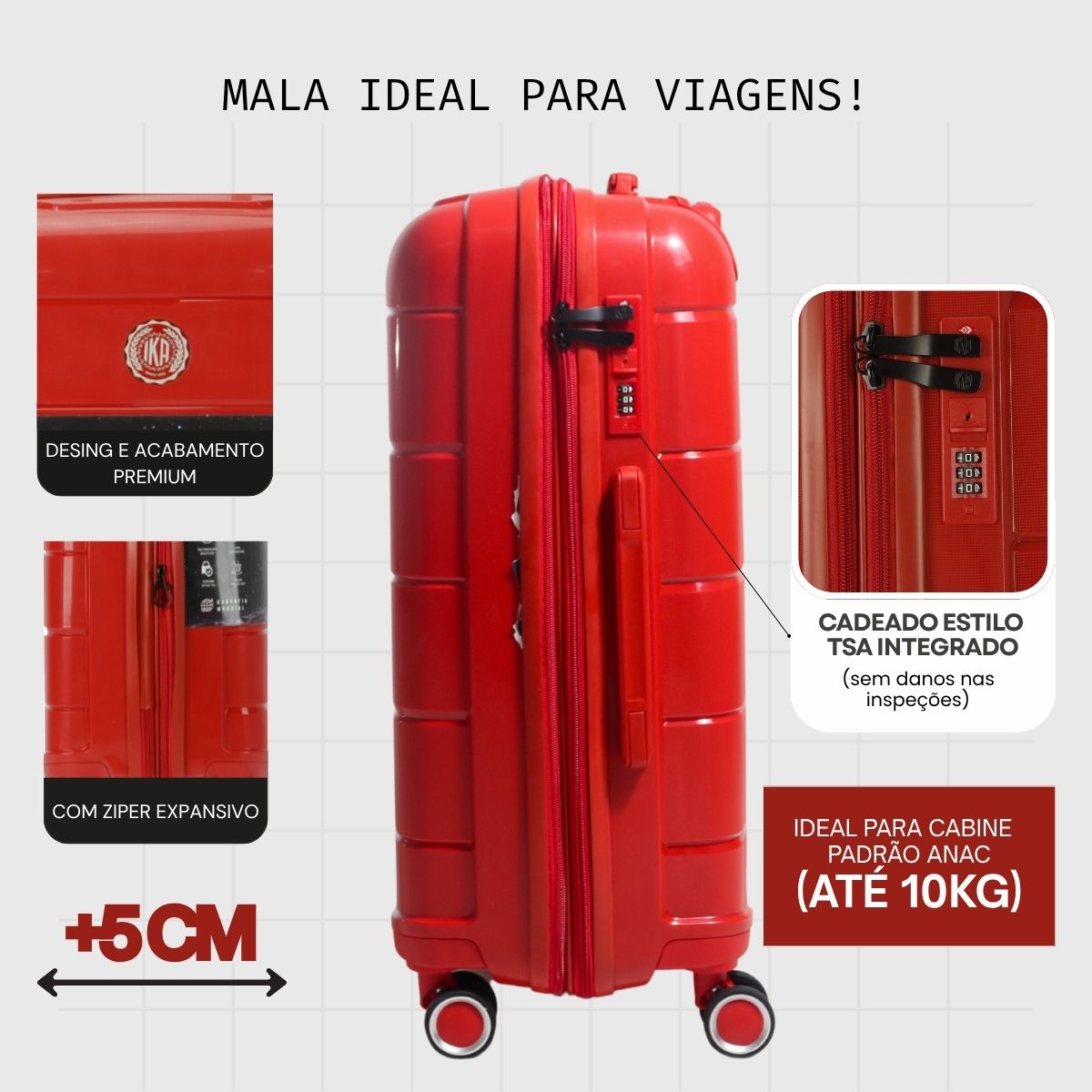 Mala de Viagem Pequena De Bordo 10 kg Polipropileno Sammy Vermelha