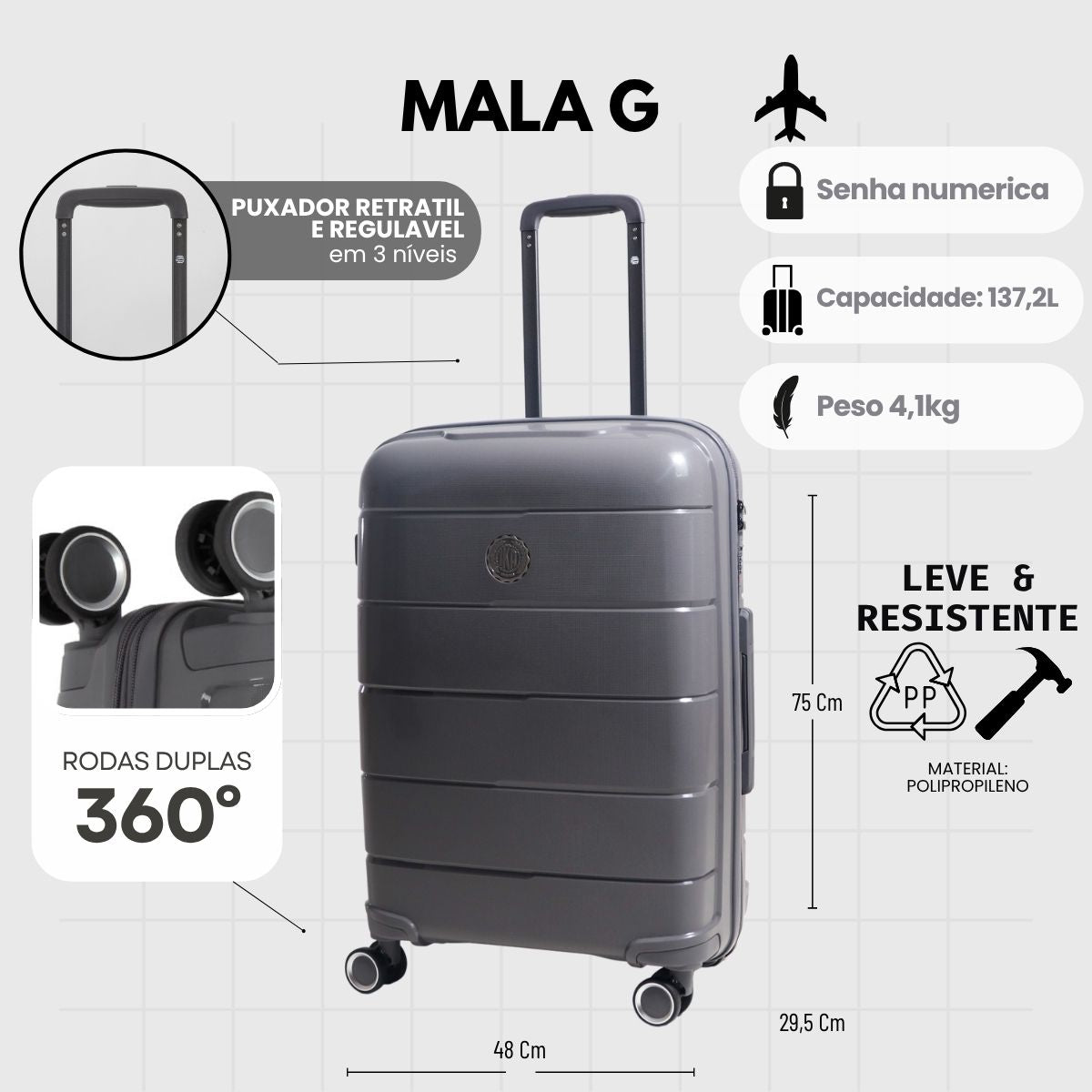 Mala de Viagem Grande 32 Kg Polipropileno Com expansor Sammy Cinza