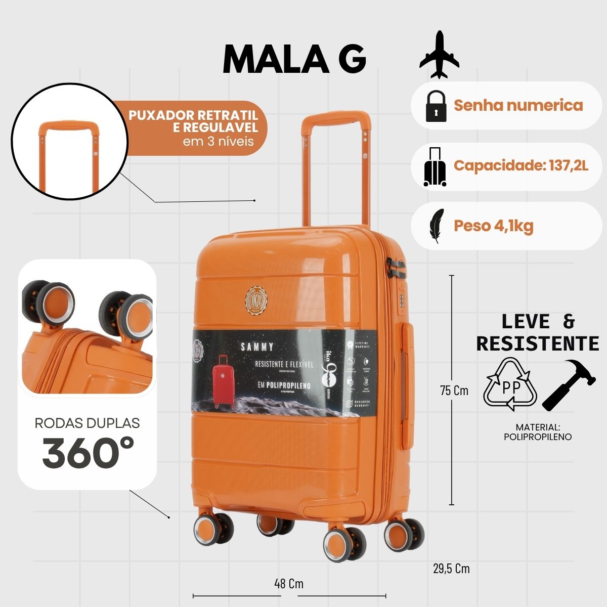 Mala de Viagem Grande 32 Kg Polipropileno Com expansor Sammy Laranja