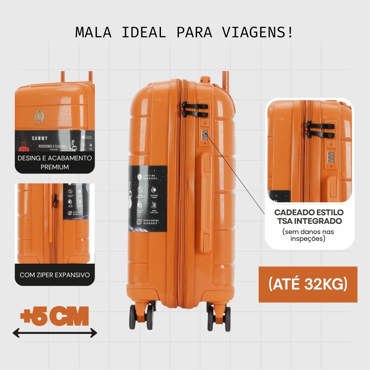Mala de Viagem Grande 32 Kg Polipropileno Com expansor Sammy Laranja