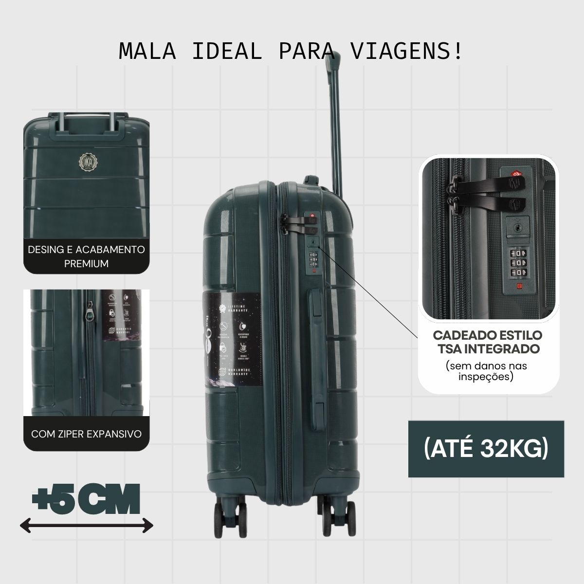 Mala de Viagem Grande 32 Kg Polipropileno Com expansor Sammy Verde