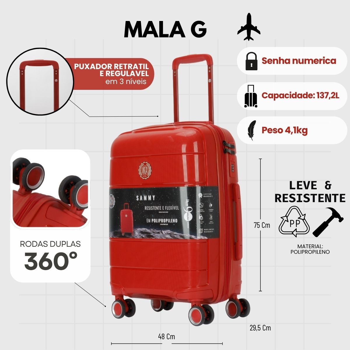 Mala de Viagem Grande 32 Kg Polipropileno Com expansor Sammy Vermelha