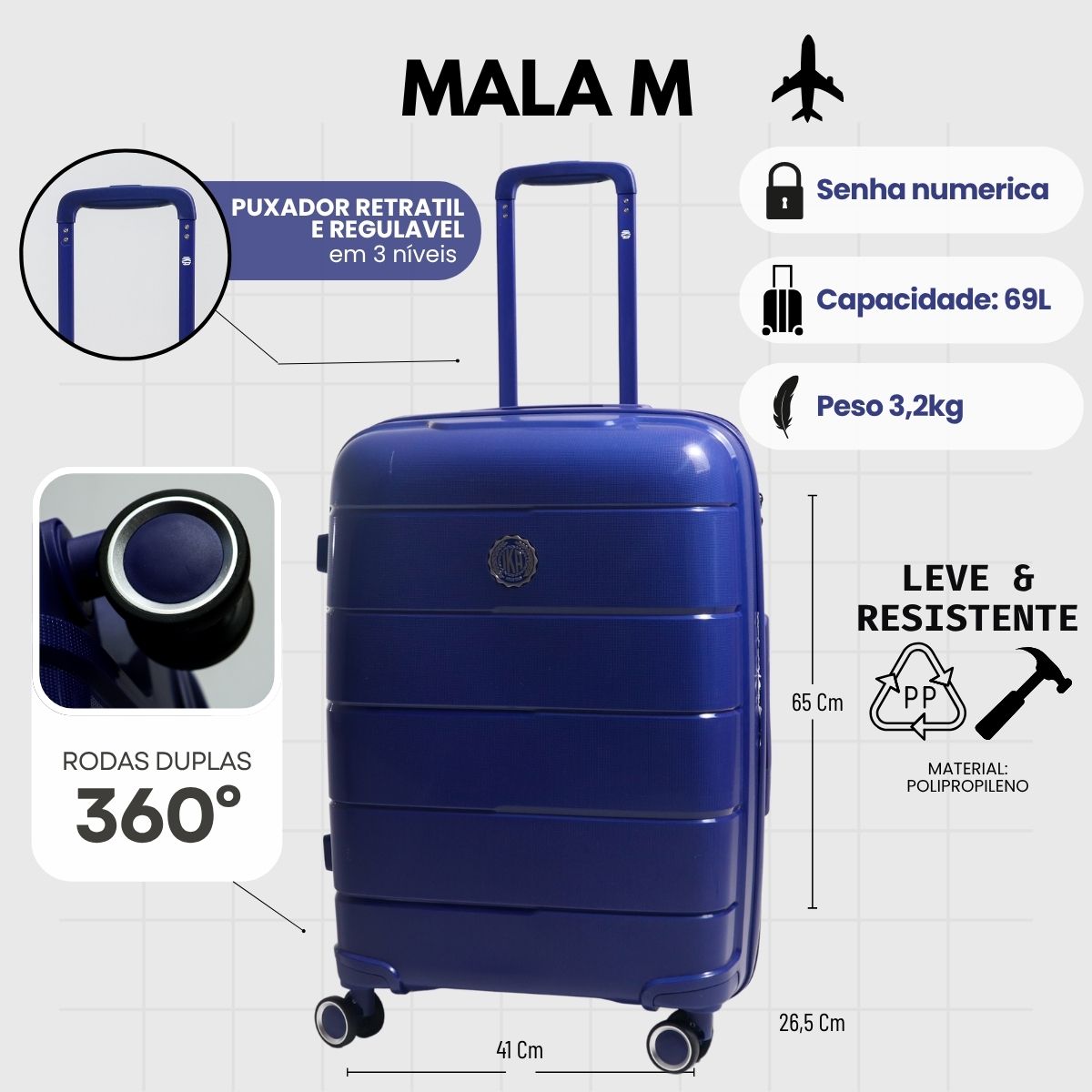 Mala de Viagem Média 23 Kg Polipropileno Com Expansor Sammy Azul