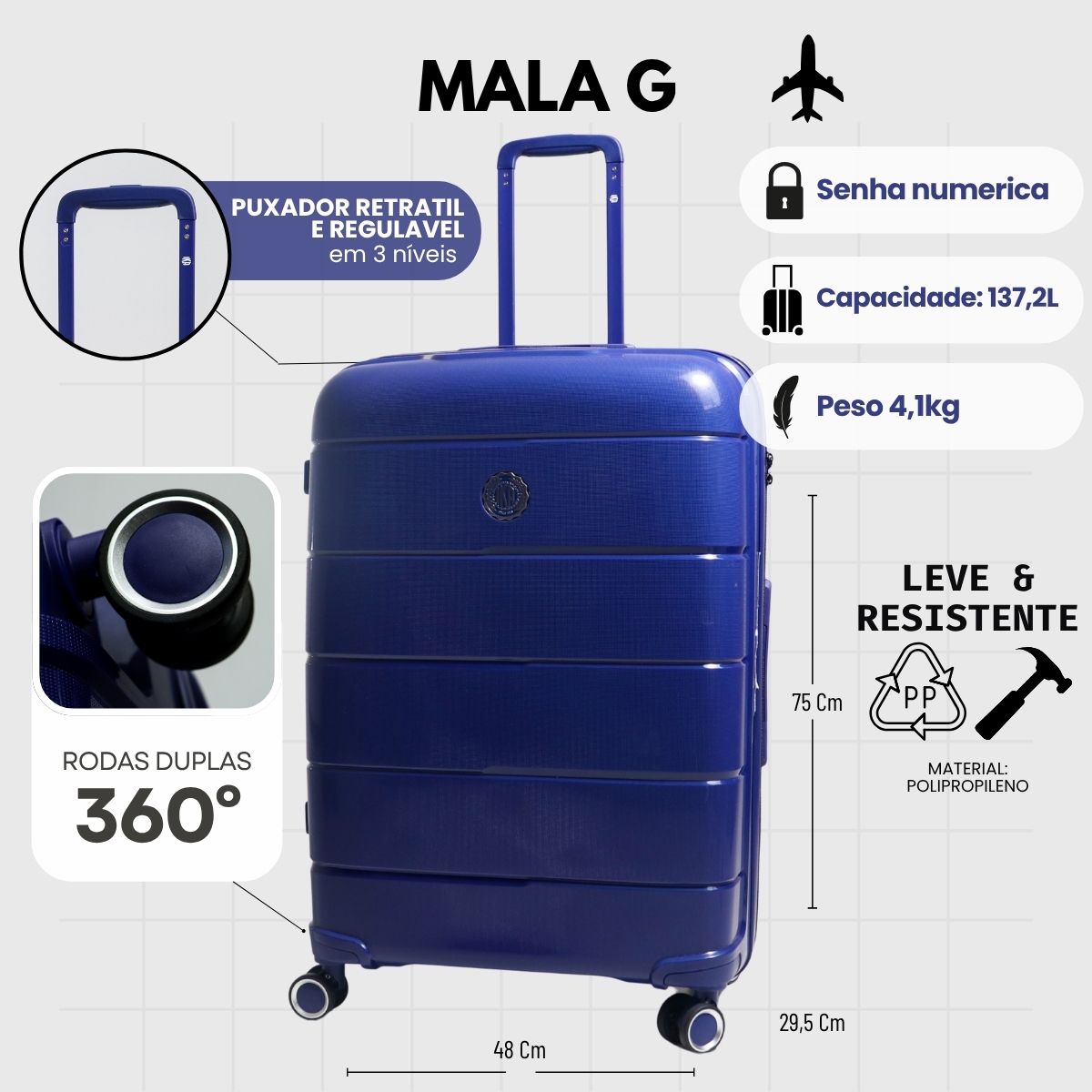 Mala de Viagem Grande 32 Kg Polipropileno Com expansor Sammy Azul