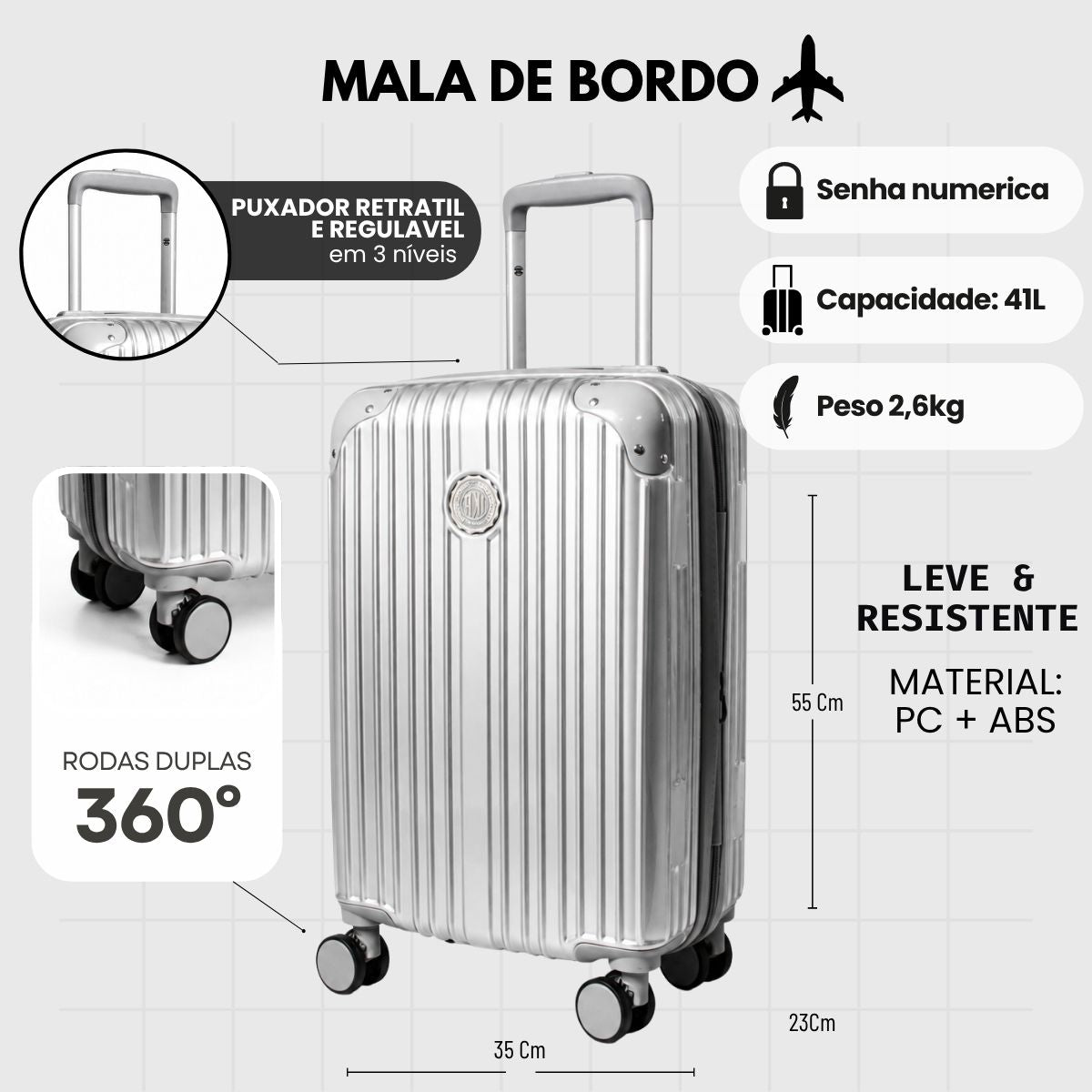 Mala De viagem Pequena De Bordo 10 kg Policarbonato + Abs Unika Prata