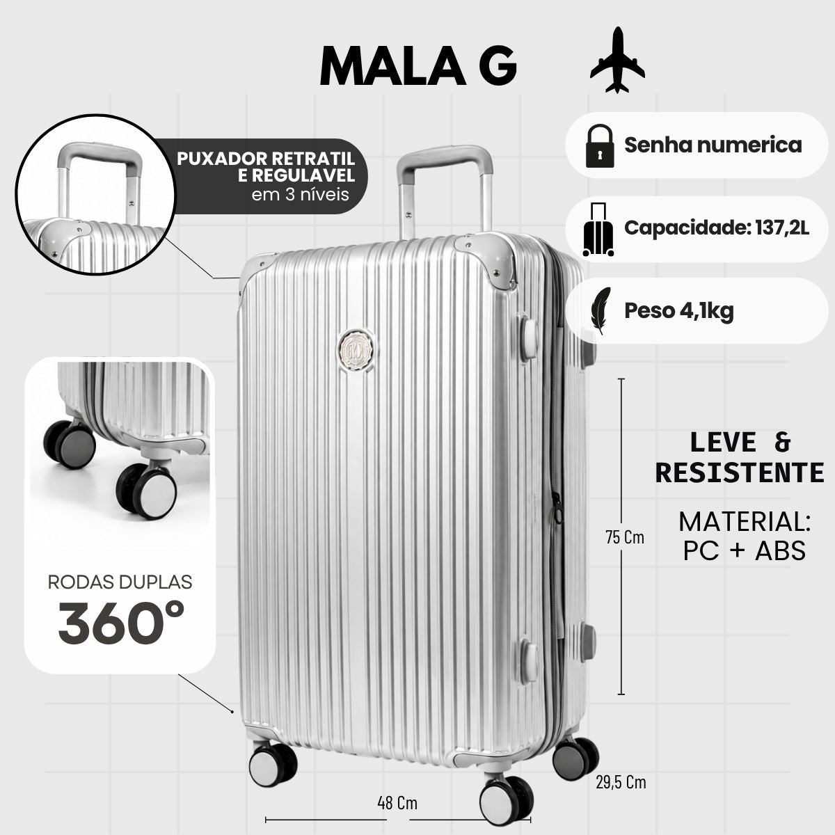 Mala De Viagem Grande 32 Kg Policarbonato +Abs Com Expansor Unika Prata