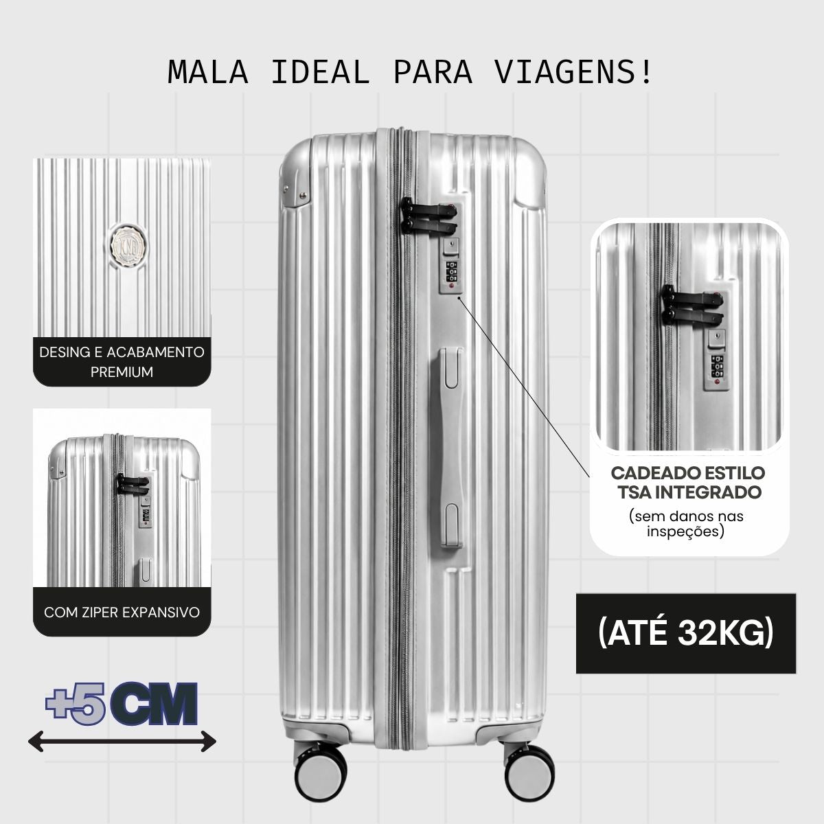 Mala De Viagem Grande 32 Kg Policarbonato +Abs Com Expansor Unika Prata