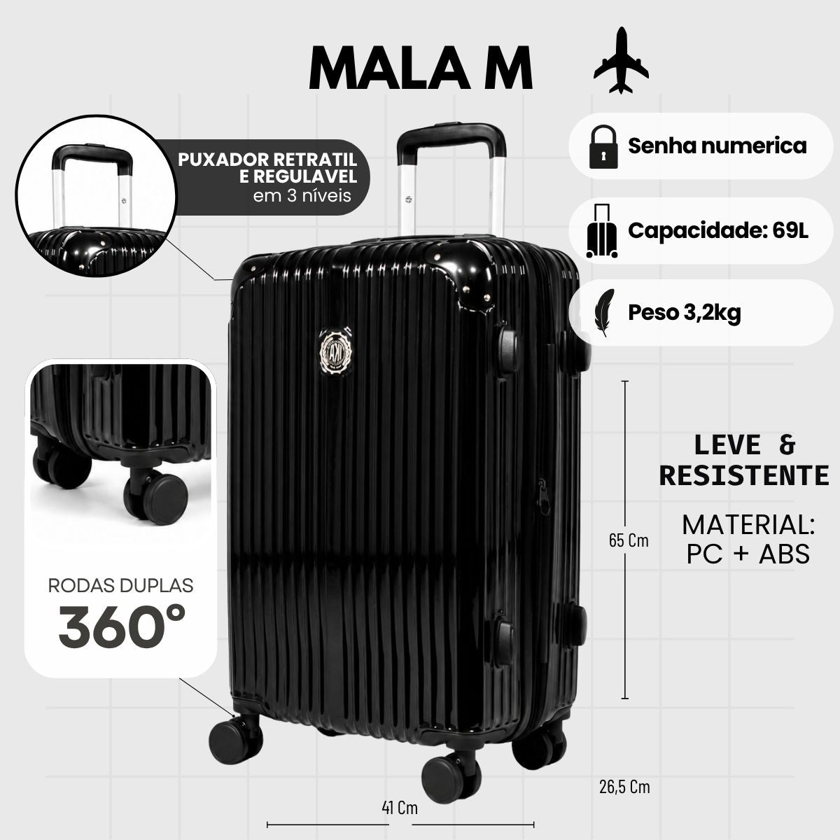 Mala De Viagem Média 23 Kg Policarbonato + Abs Com Expansor Unika Preta