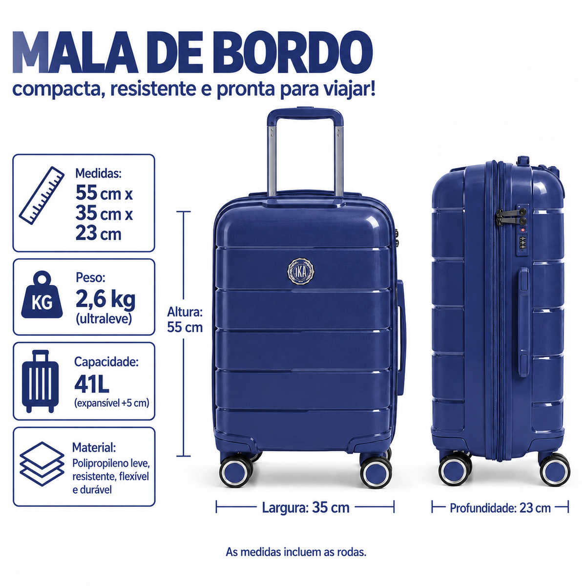 Mala de Viagem Pequena De Bordo 10 kg Polipropileno Sammy Azul