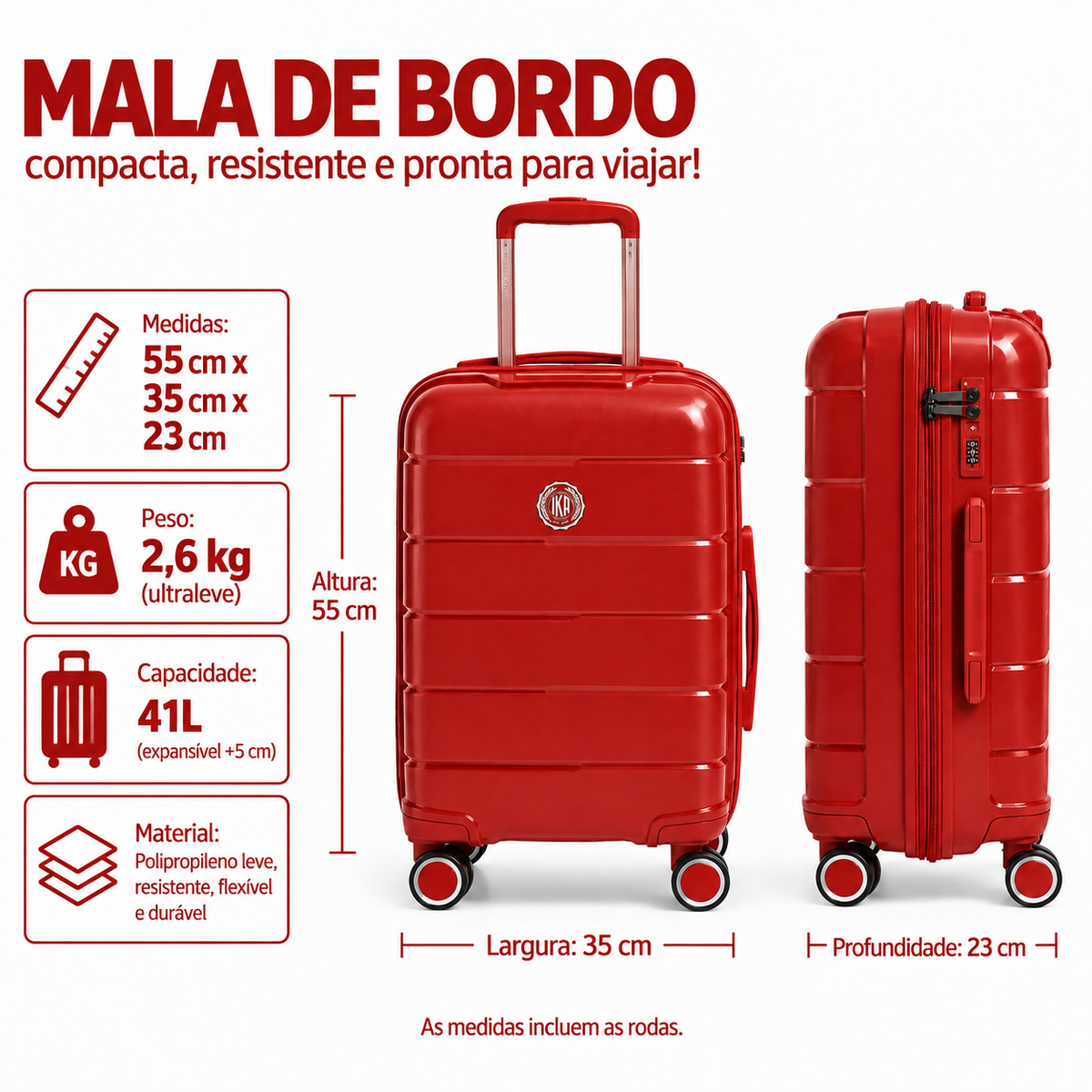 Mala de Viagem Pequena De Bordo 10 kg Polipropileno Sammy Vermelha