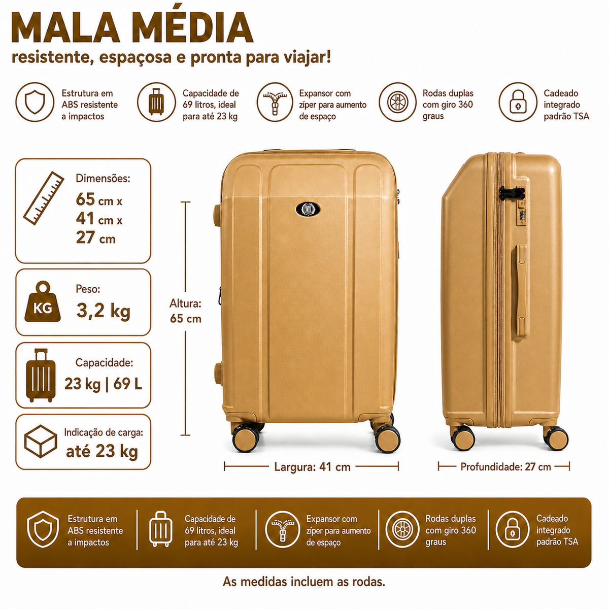 Mala De Viagem Média 23 Kg Abs Com Expansor Continental Champagne