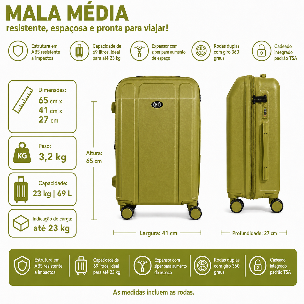 Mala De Viagem Média 23 Kg Abs Com Expansor Continental Verde