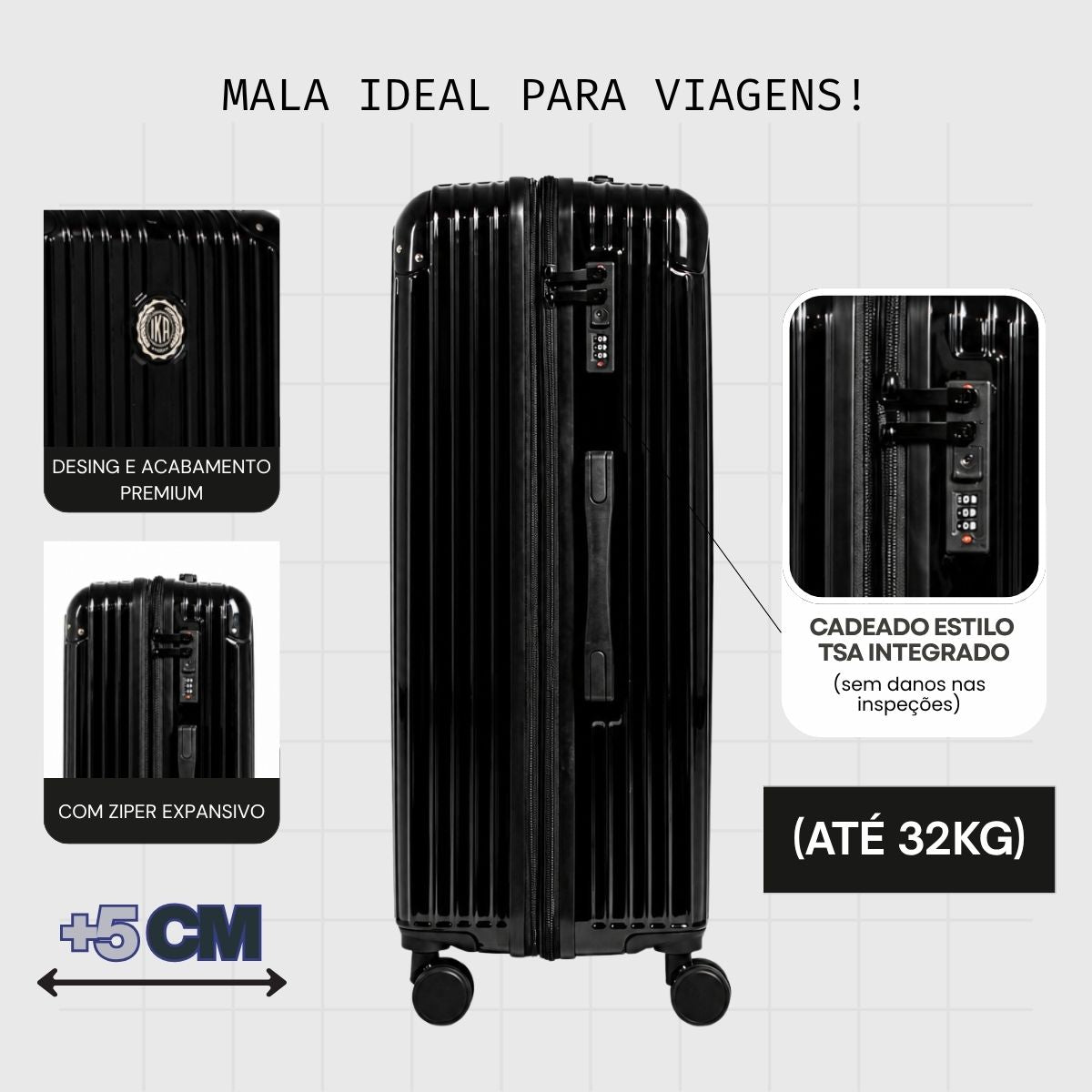 Mala De Viagem Grande 32 Kg Policarbonato +Abs Com Expansor Unika Preta