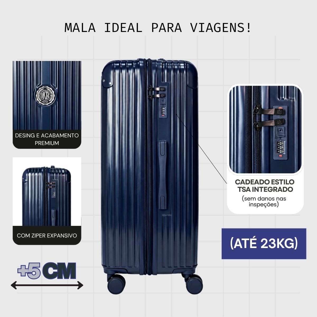 Mala De Viagem Grande 32 Kg Policarbonato +Abs Com Expansor Unika Azul