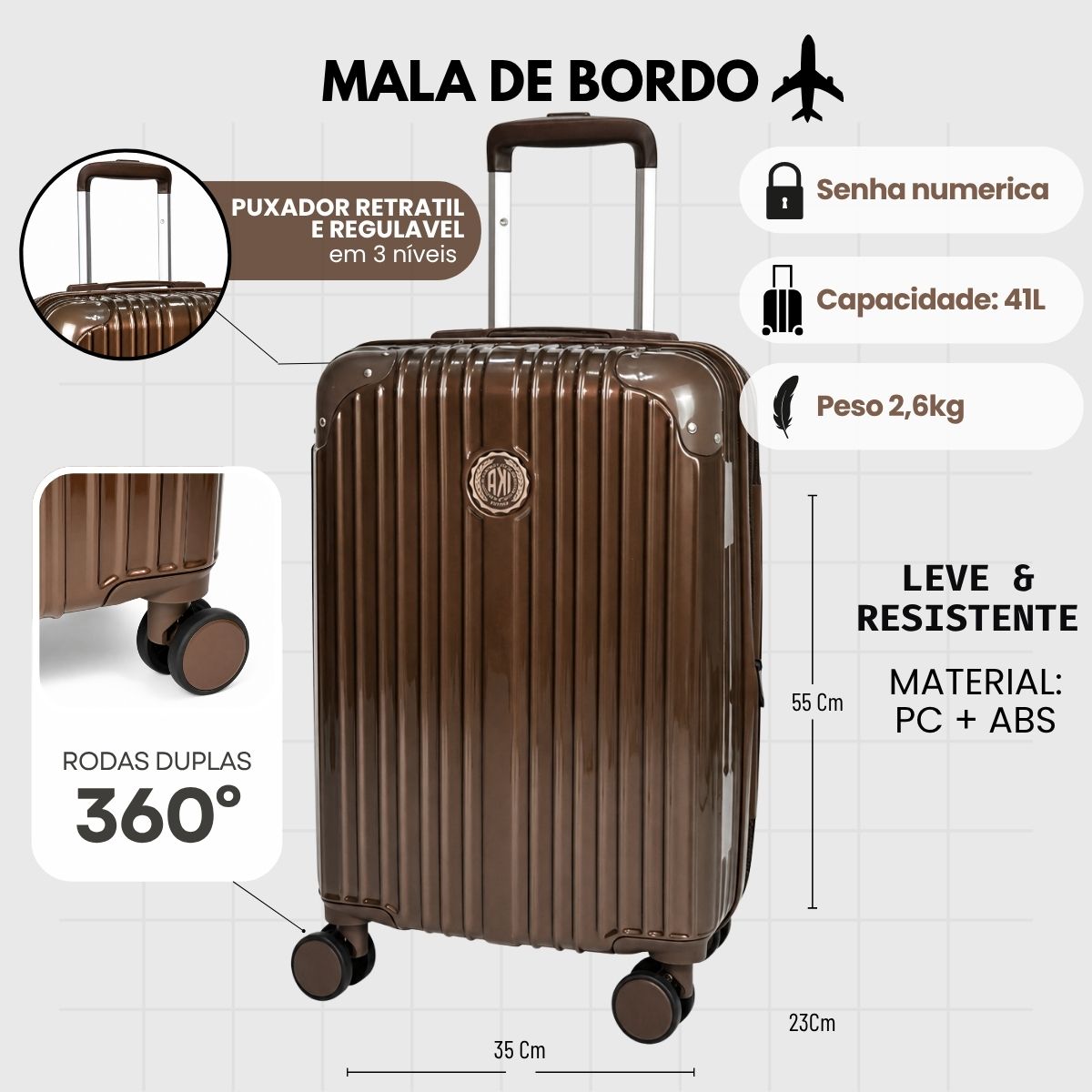 Mala De viagem Pequena De Bordo 10 kg Policarbonato + Abs Unika Coffee