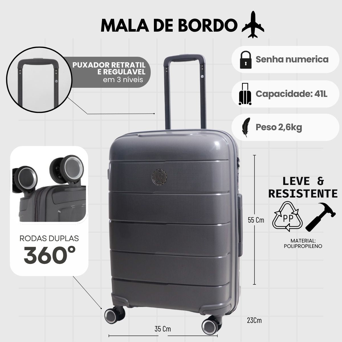 Mala De Viagem Pequena De Bordo 10 kg Polipropileno Sammy Cinza