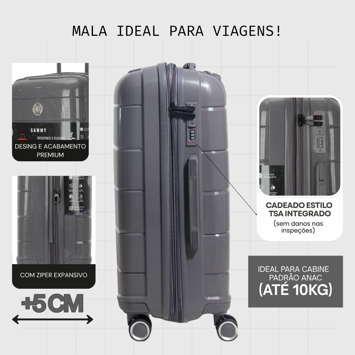 Mala De Viagem Pequena De Bordo 10 kg Polipropileno Sammy Cinza
