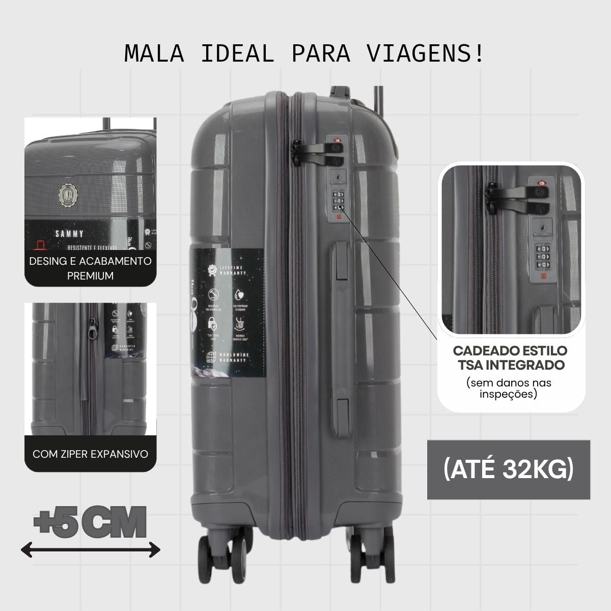 Mala de Viagem Grande 32 Kg Polipropileno Com expansor Sammy Cinza