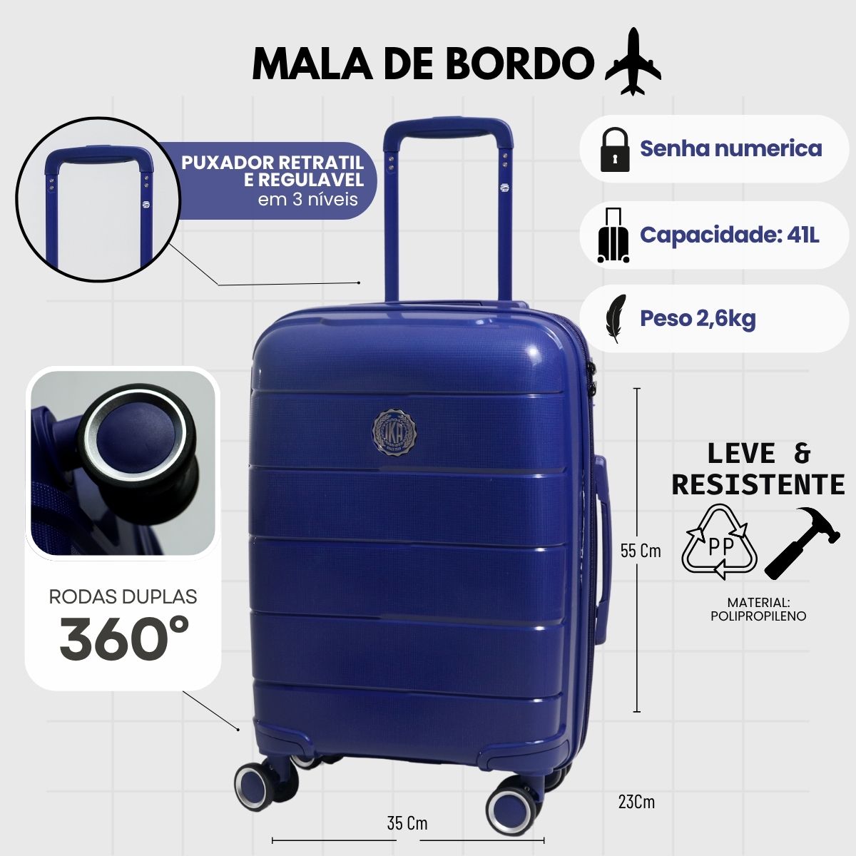 Mala de Viagem Pequena De Bordo 10 kg Polipropileno Sammy Azul