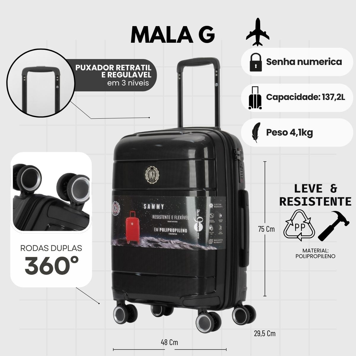 Mala de Viagem Grande 32 Kg Polipropileno Com expansor Sammy Preta