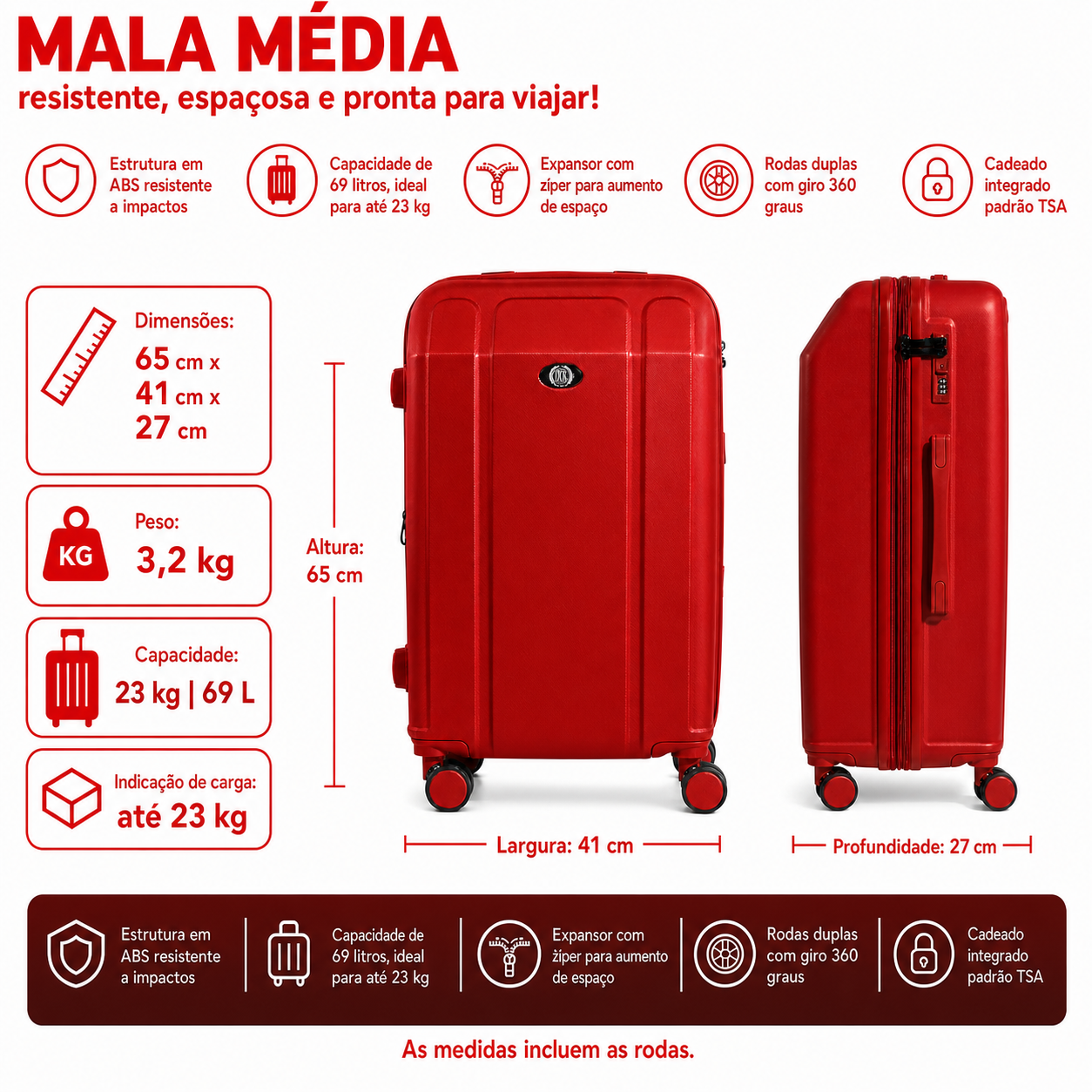 Medium Continental Suitcase Red 