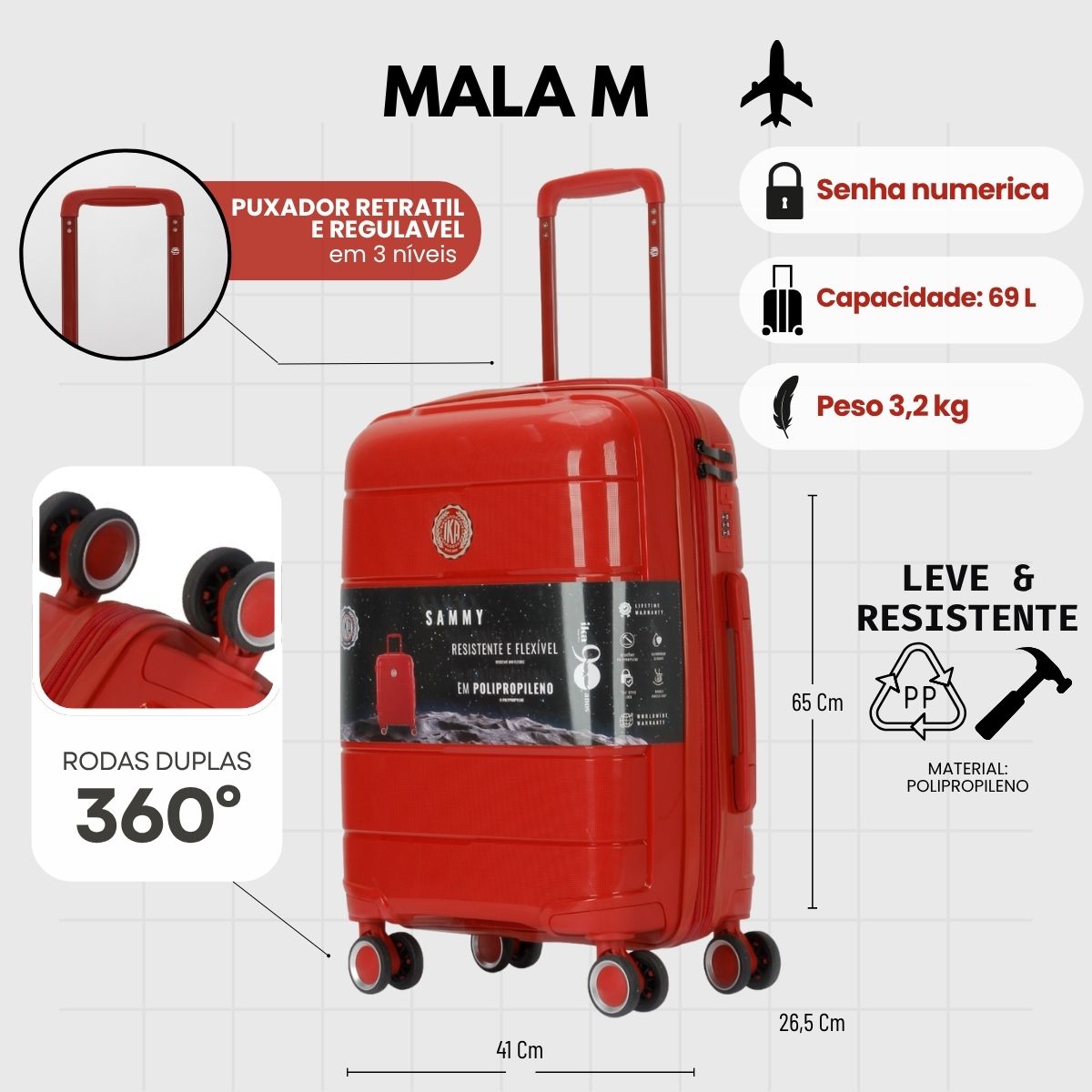 Mala de Viagem Média 23 Kg Polipropileno Com Expansor Sammy Vermelha