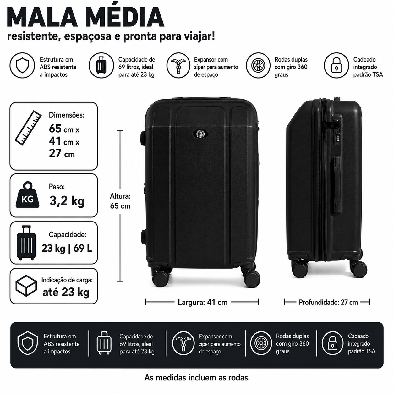 Maleta Continental Mediana Negra 