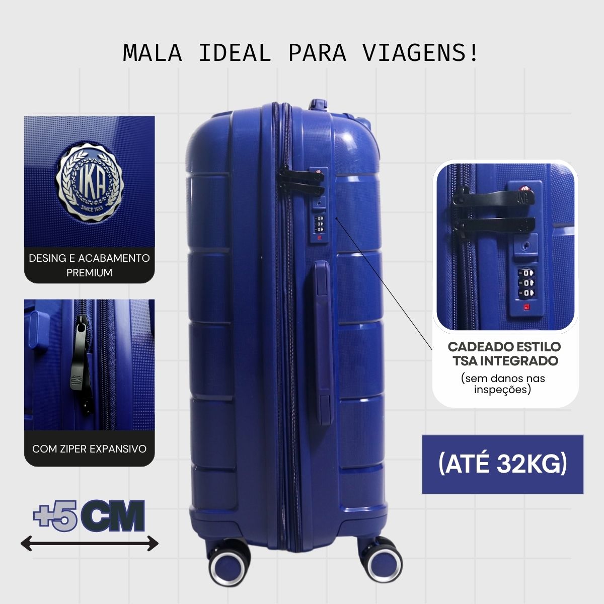 Mala de Viagem Grande 32 Kg Polipropileno Com expansor Sammy Azul