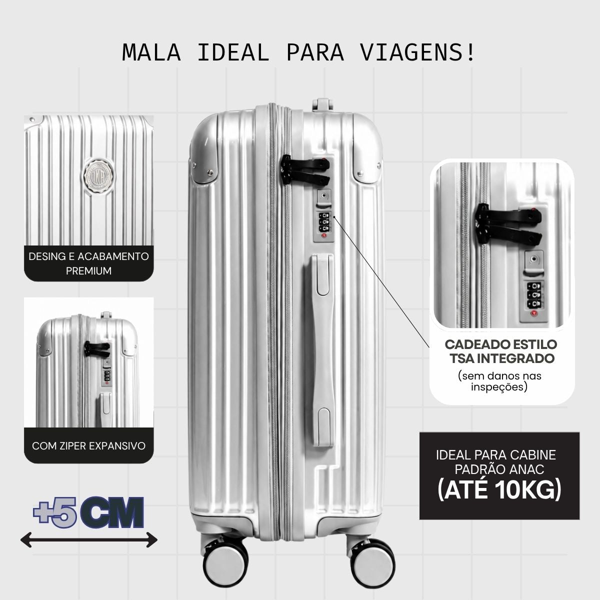 Mala De viagem Pequena De Bordo 10 kg Policarbonato + Abs Unika Prata