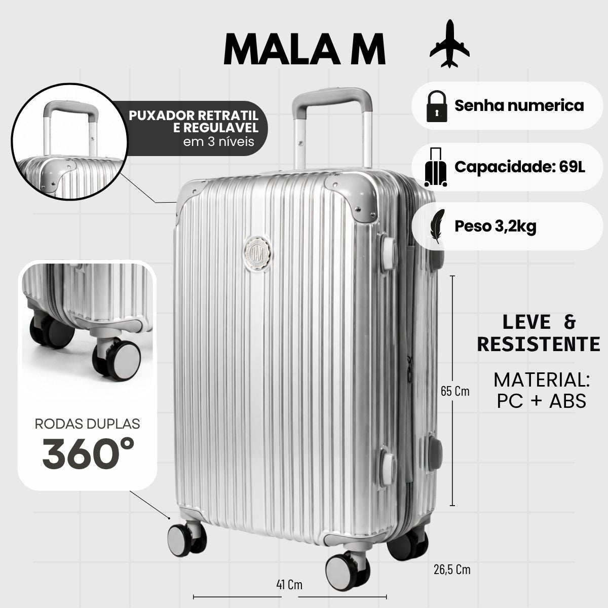 Mala De Viagem Média 23 Kg Policarbonato + Abs Com Expansor Unika Prata