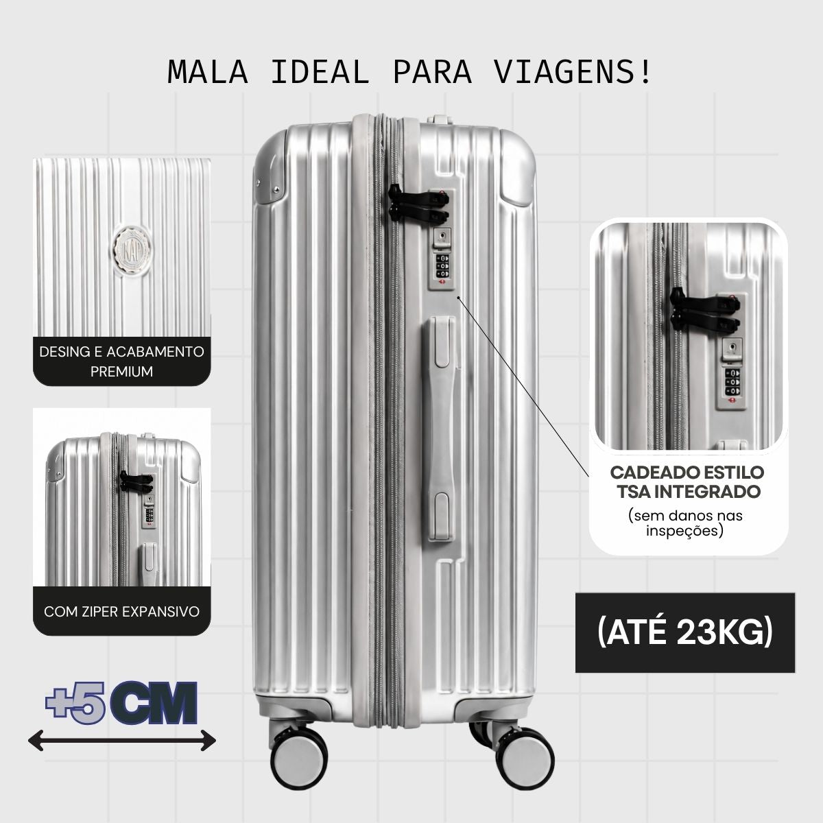 Mala De Viagem Média 23 Kg Policarbonato + Abs Com Expansor Unika Prata