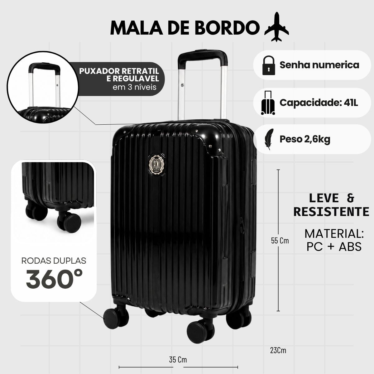 Mala De viagem Pequena De Bordo 10 kg Policarbonato + Abs Unika Preta