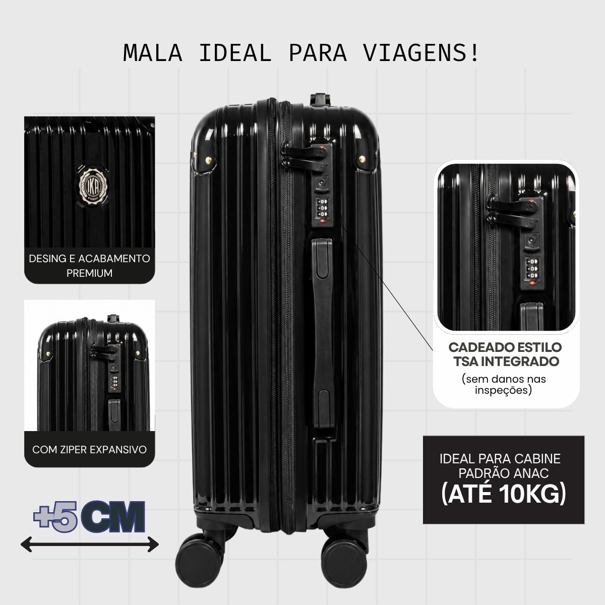 Mala De viagem Pequena De Bordo 10 kg Policarbonato + Abs Unika Preta
