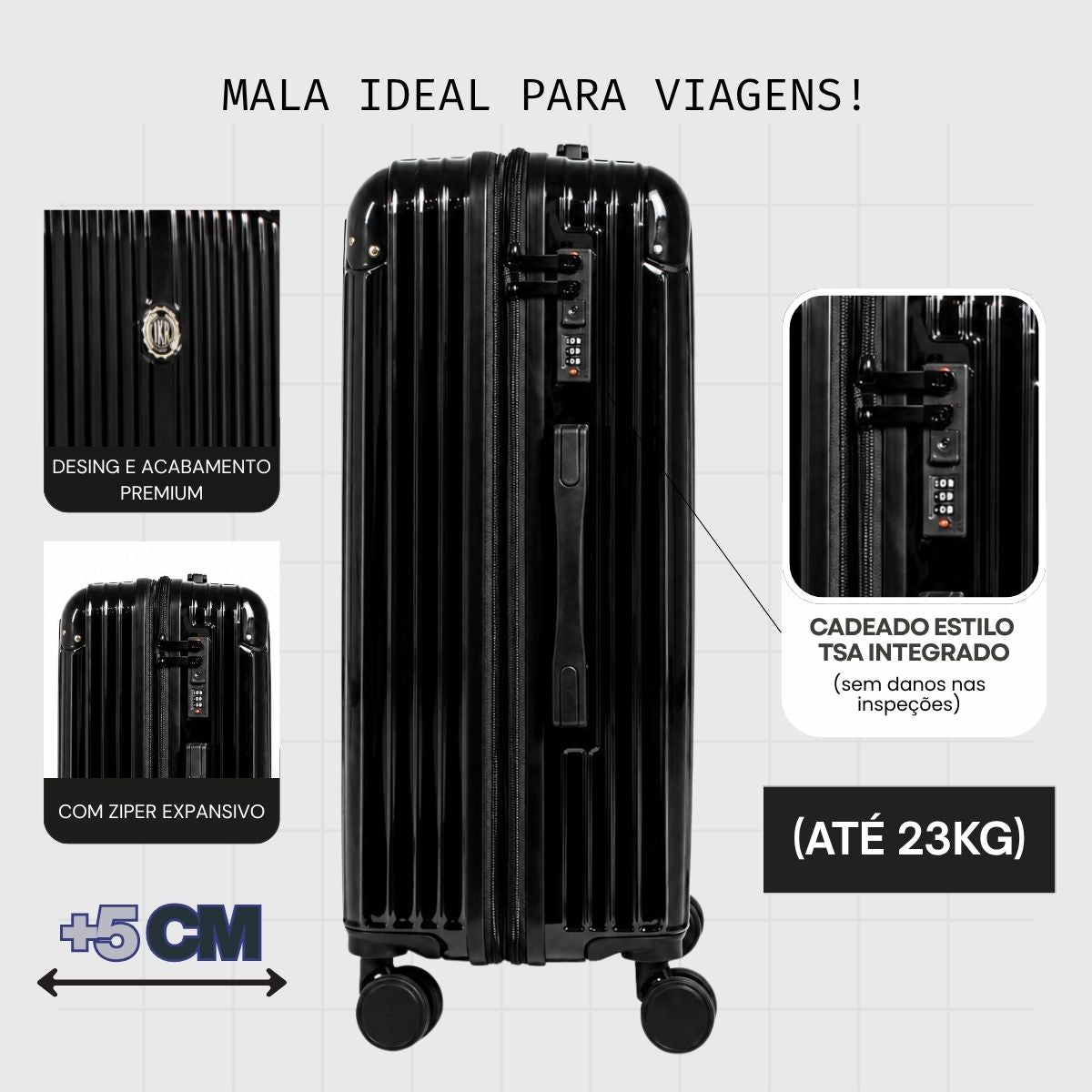 Mala De Viagem Média 23 Kg Policarbonato + Abs Com Expansor Unika Preta