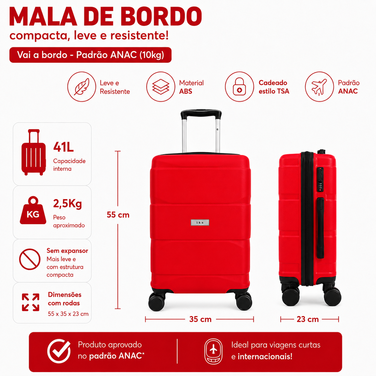 Mala De Viagem Pequena De Bordo 10 Kg ABS Equipage Vinho