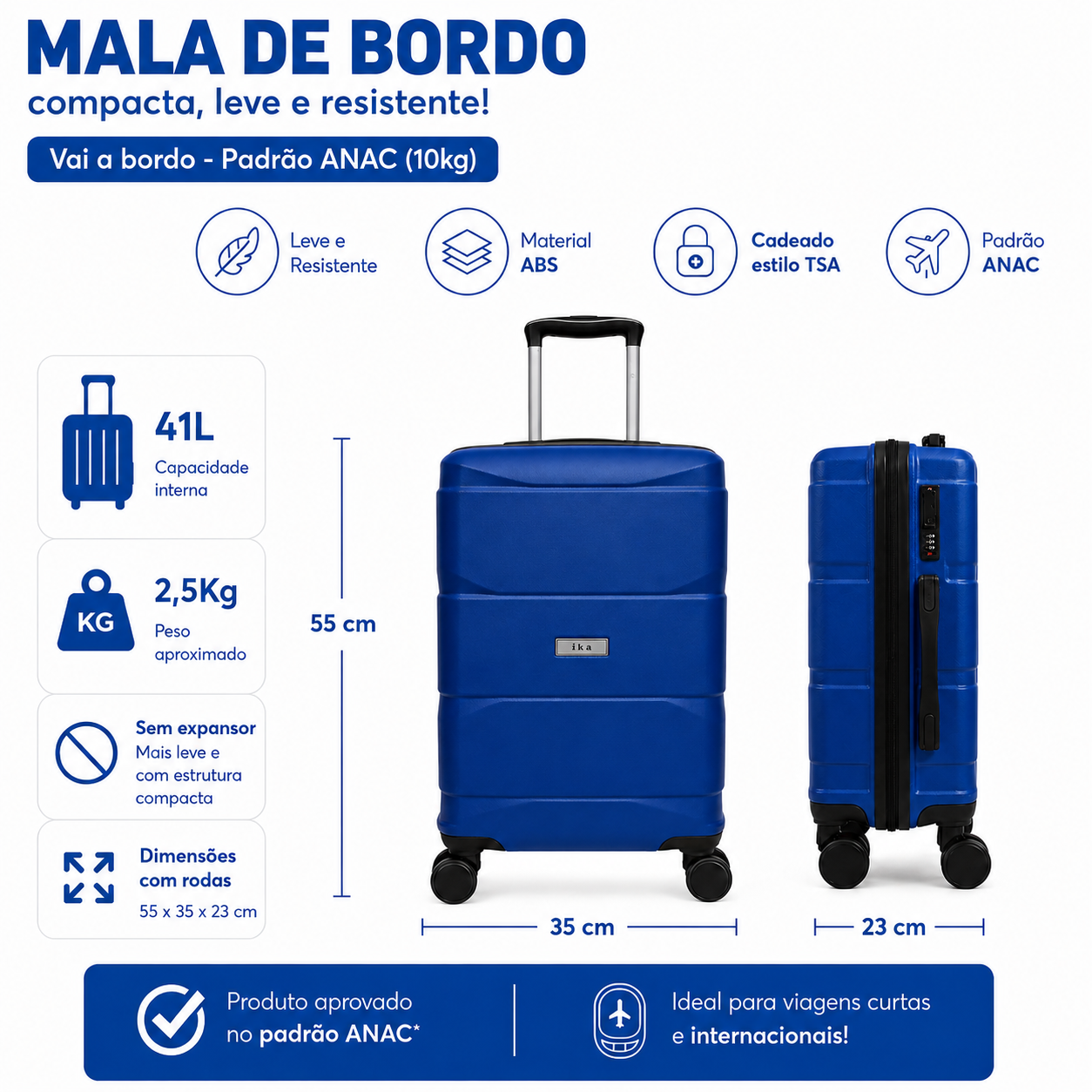 Mala De Viagem Pequena De Bordo 10 Kg ABS Equipage Azul P