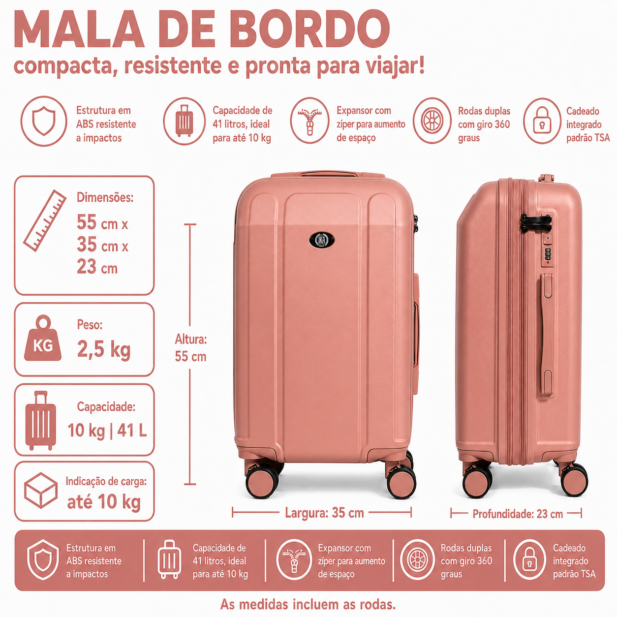 Mala De Viagem Pequena De Bordo 10 Kg ABS Continental Rose