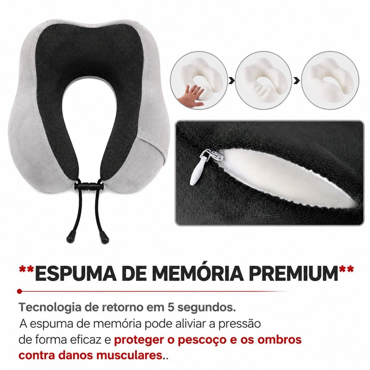 Almofada De Pescoço Para Viagem Super Confortável Cinza