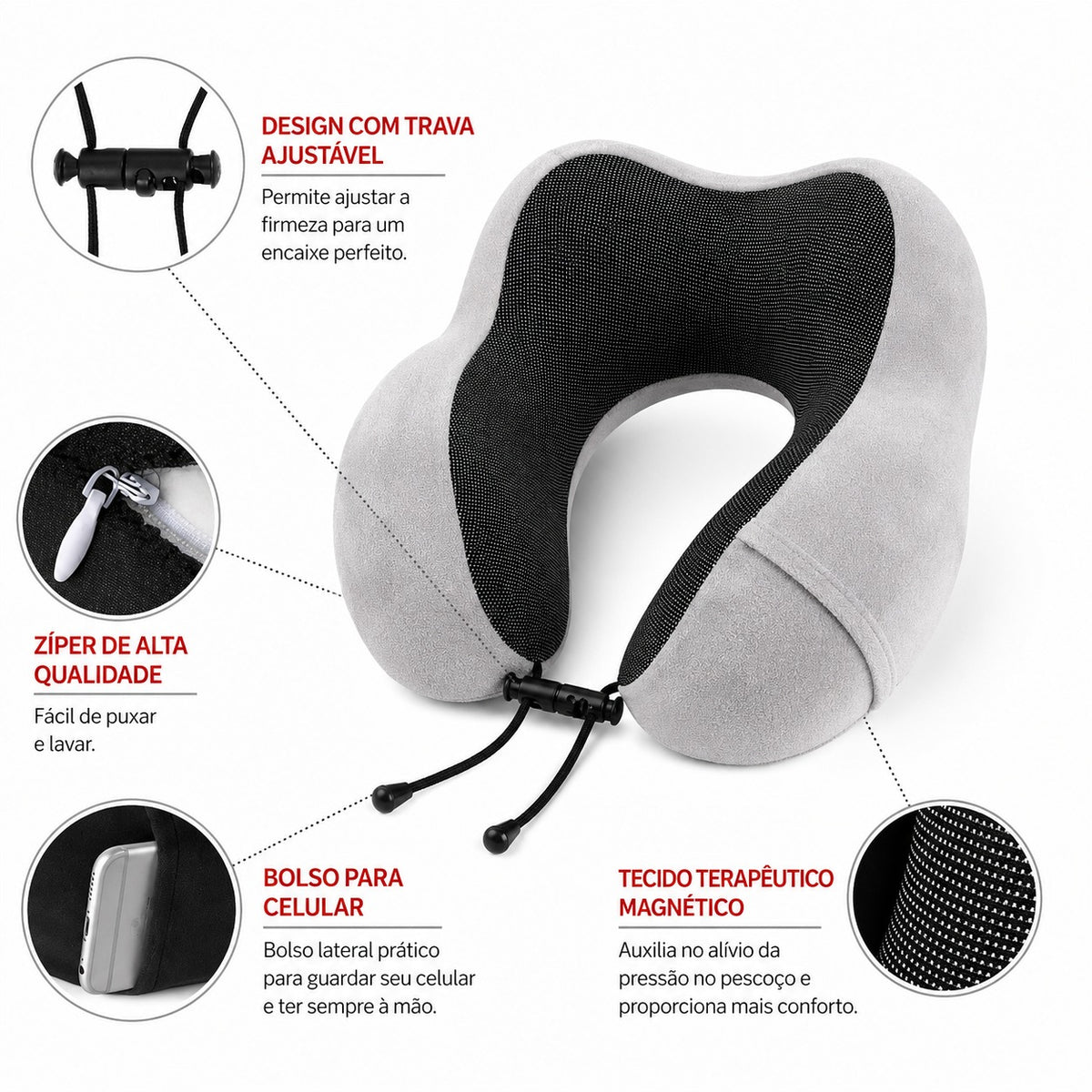 Almofada De Pescoço Para Viagem Super Confortável Cinza