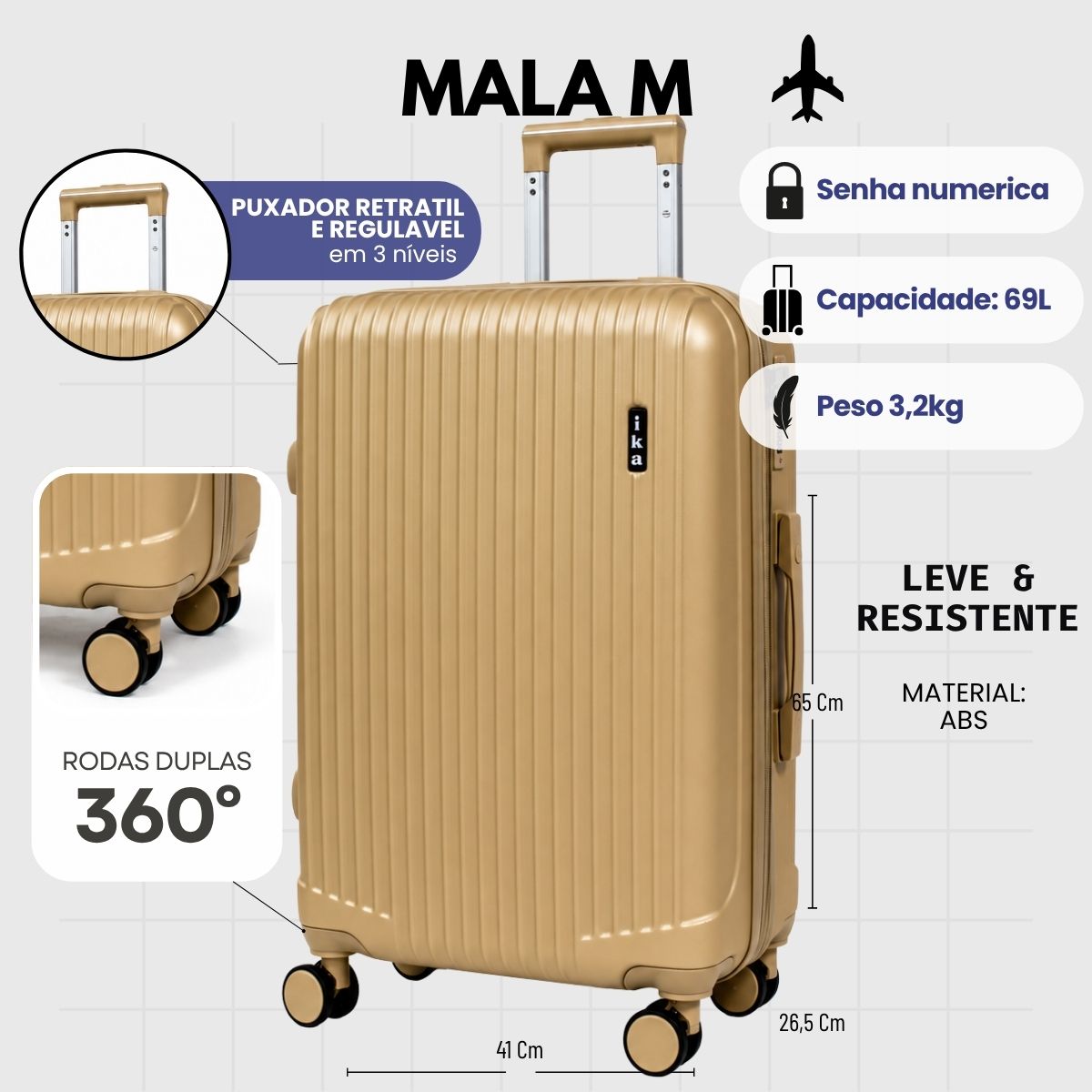 Mala De Viagem Média 23 Kg Abs Com Expansor Scorpion Champagne