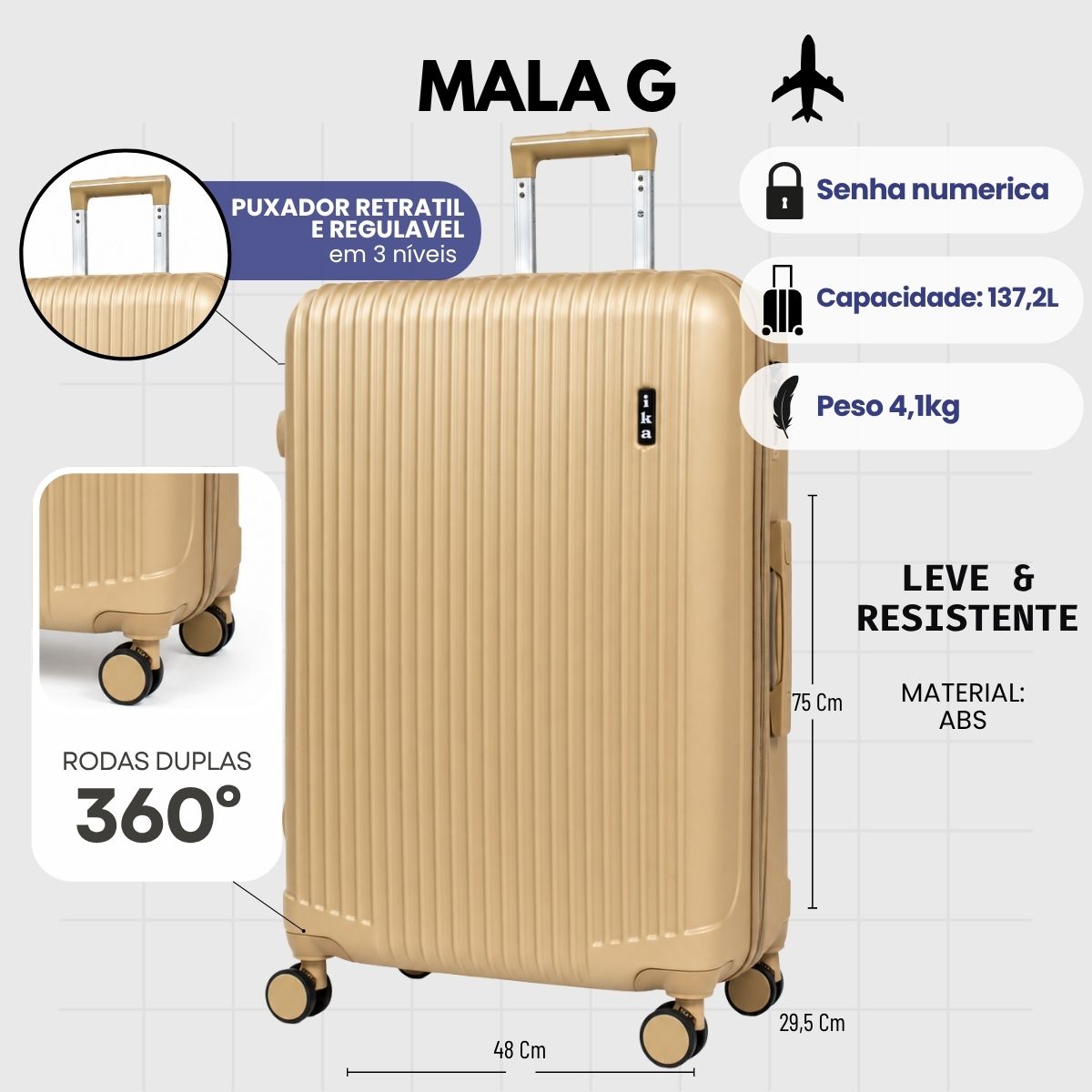 Mala De Viagem Grande 32 Kg Abs Com Expansor Scorpion Champagne